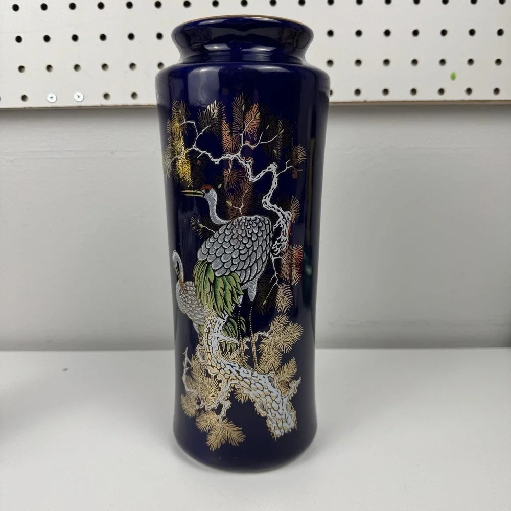 Vtg‎ 1960s Cobalt Blue Japanese Crane Vase Gold Trim Porcelain Japan 11